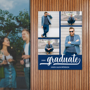 Modern 4 Photos on Blue Graduation Poster