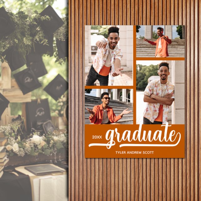 Modern 4 Photos on Burnt Orange Graduation Poster (Modern 4 photo on orange graduation party poster - PRINTED and/or INSTANT DOWNLOAD)
