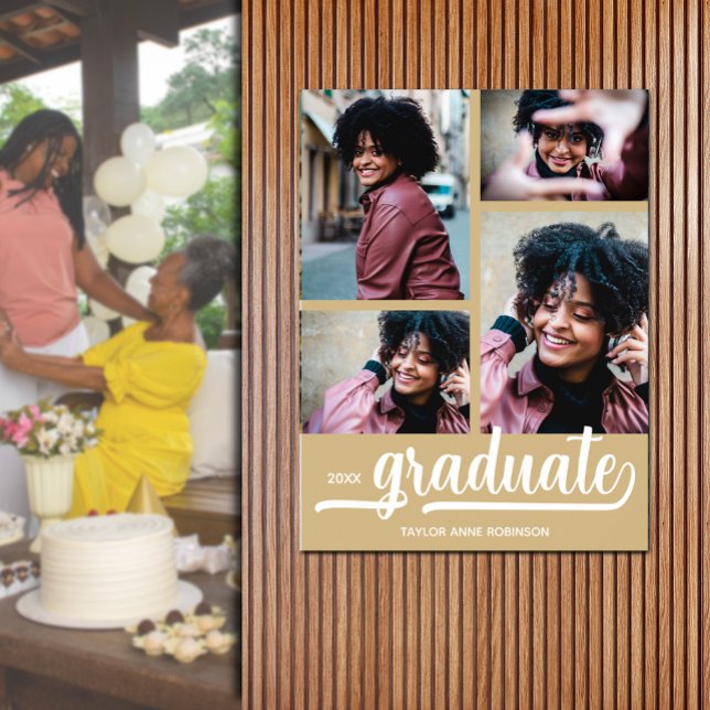 Modern 4 Photos on Gold Graduation Poster (Modern 4 photo on gold graduation party poster - PRINTED and/or INSTANT DOWNLOAD)