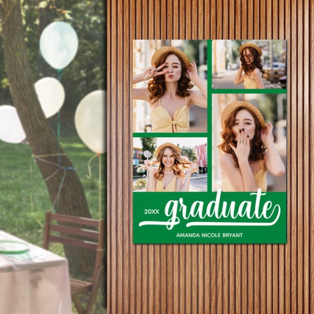 Modern 4 Photos on Green Graduation Poster (Modern 4 photo on green graduation party poster - PRINTED and/or INSTANT DOWNLOAD)