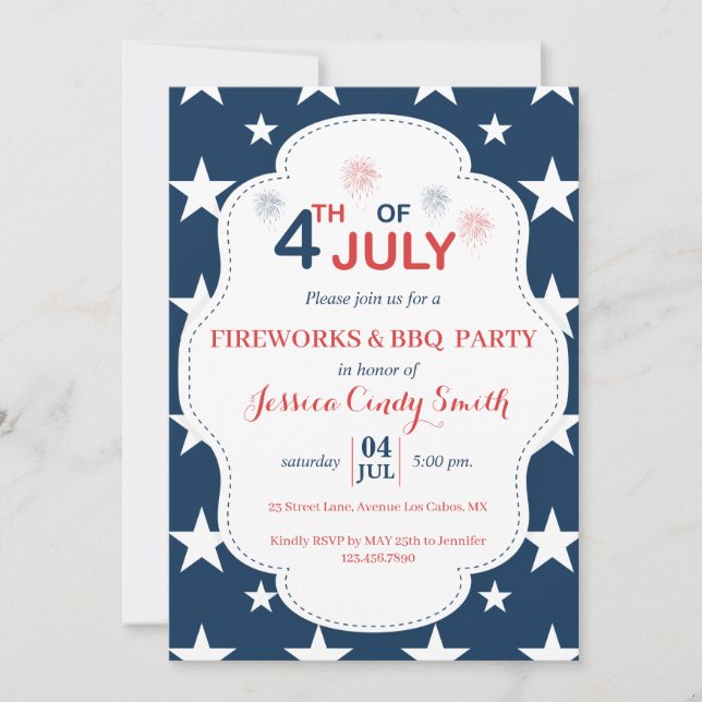 Modern 4th of July Fireworks Stars Barbecue Invitation (Front)