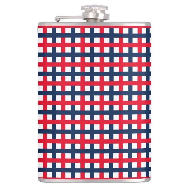 Modern 4th of July red white blue patriotic grid Hip Flask (Front)