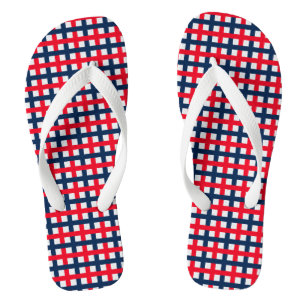 Modern 4th of July red white blue patriotic grid Thongs