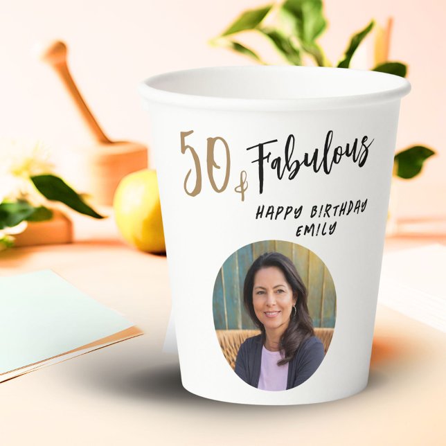 Modern 50 and Fabulous Photo 50th Birthday Paper Cups (Creator Uploaded)