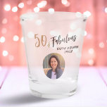 Modern 50 and Fabulous Photo 50th Birthday Shot Glass<br><div class="desc">Modern 50 and Fabulous Photo 50th Birthday Party Shot Glass. Modern and simple design with trendy script 50 & Fabulous. Custom photo birthday glass for her. Customise with the name and age and add your photo into the template.</div>