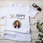 Modern 50 and Fabulous Photo 50th Birthday T-Shirt<br><div class="desc">Modern 50 and Fabulous Photo 50th Birthday Guest of honour woman t-shirt. Modern and simple design with trendy script 50 & Fabulous. Custom photo birthday t-shirt for her. Customise with the name and age and add your photo into the template.</div>