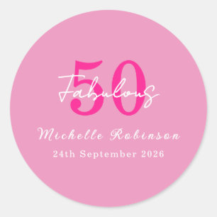 Modern 50 and Fabulous Pink 50th Birthday Party Classic Round Sticker