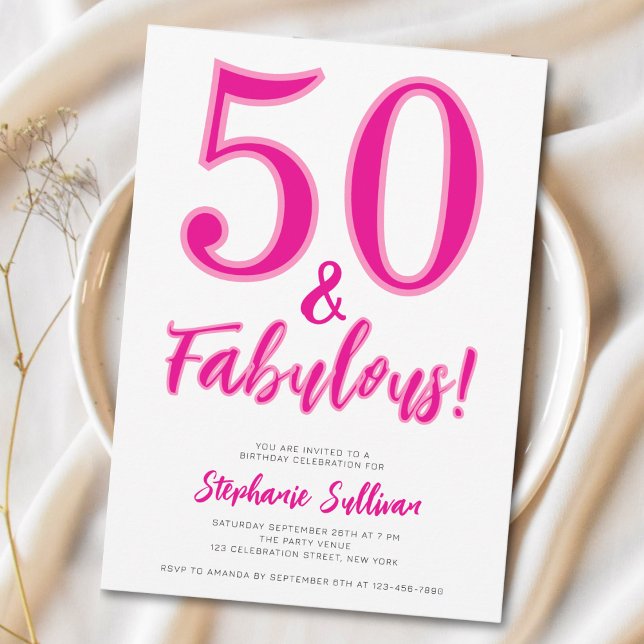 Modern 50 and Fabulous Pink 50th Birthday Party Invitation (Creator Uploaded)