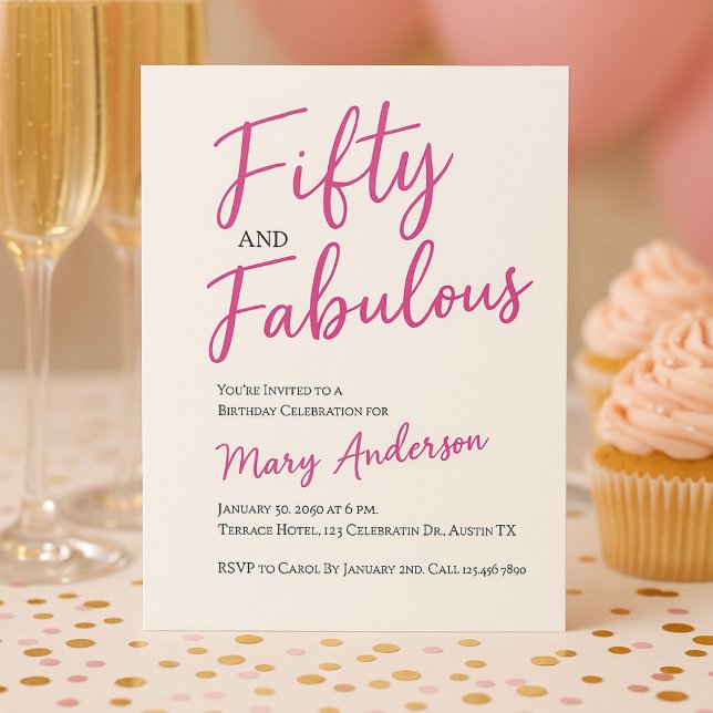 Modern 50 and Fabulous Pink 50th Birthday Party Invitation (Creator Uploaded)