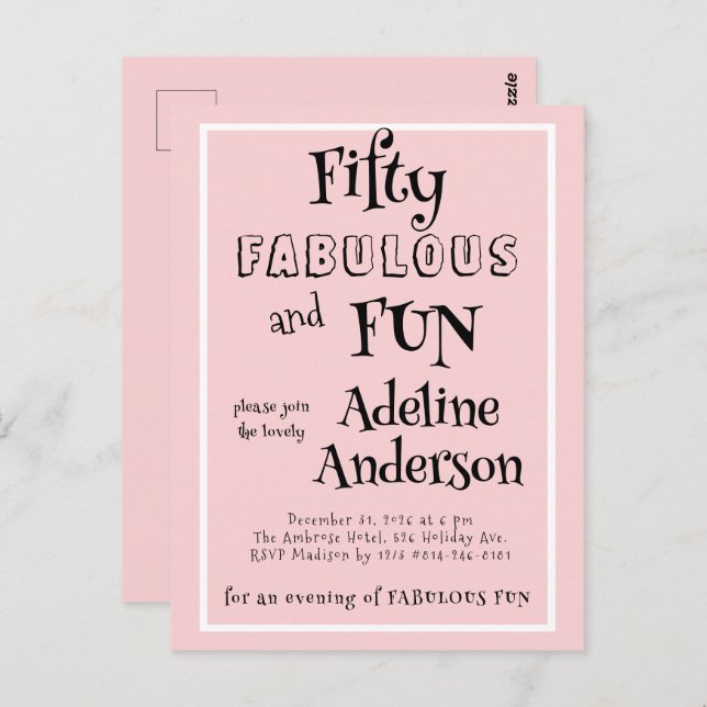 Modern 50 and Fabulous Pink 50th Birthday Party Postcard (Front/Back)