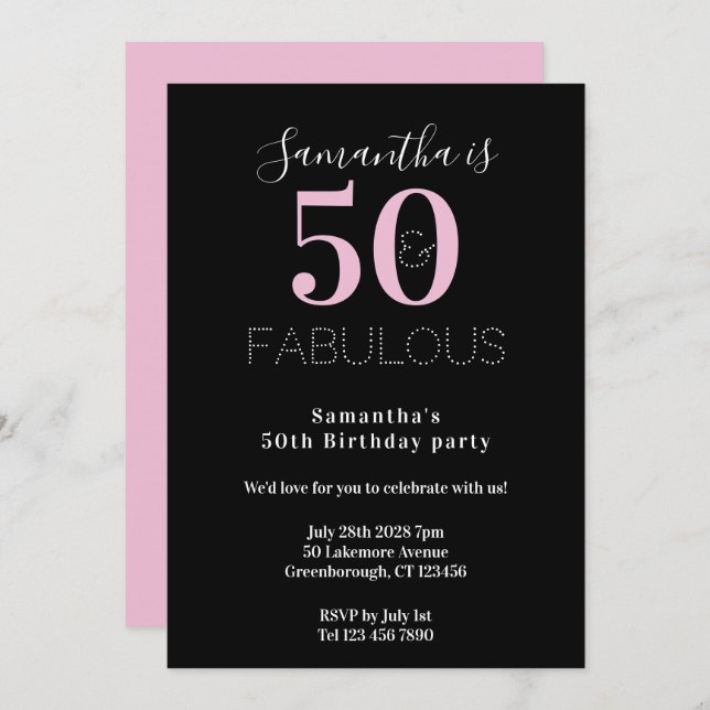 Modern 50 Fabulous 50th Birthday Black Pink Party Invitation (Front/Back)