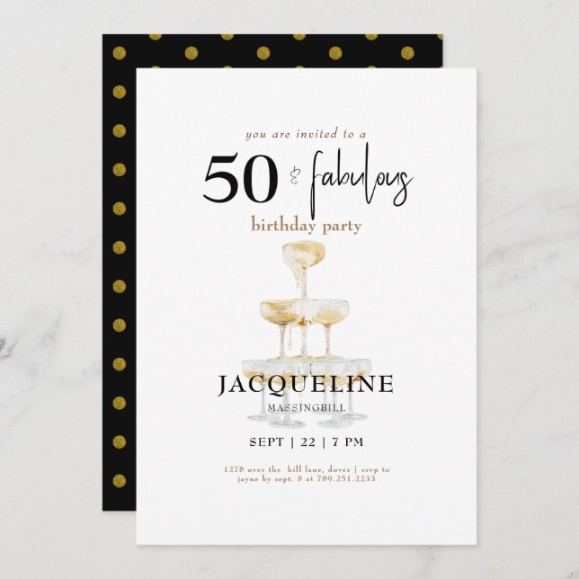 Modern 50 & Fabulous Black Glam Birthday Party Invitation (Front/Back)