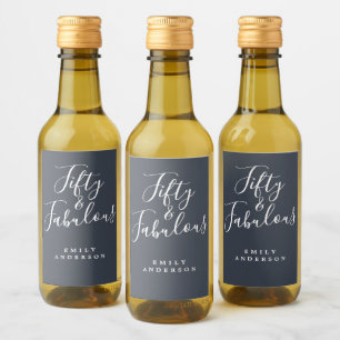 Modern 50 Fabulous Dark Blue Name 50th Birthday Wine Label