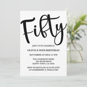Modern 50th Birthday Black and White Invitation