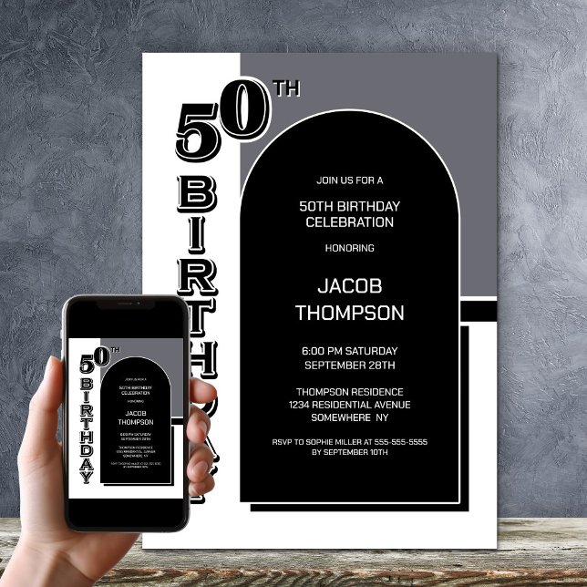 Modern 50th Birthday Black Arch Party Invitation (Creator Uploaded)