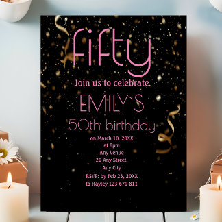 Modern 50th Birthday Black Gold Confetti  Invitation