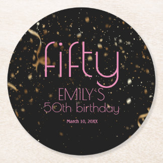 Modern 50th Birthday Black Gold Confetti Round Paper Coaster