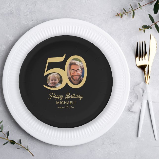 Modern 50th birthday black gold photo paper plate (Creator Uploaded)