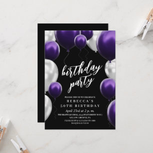 Modern 50th Birthday Black Purple Balloons  Invitation