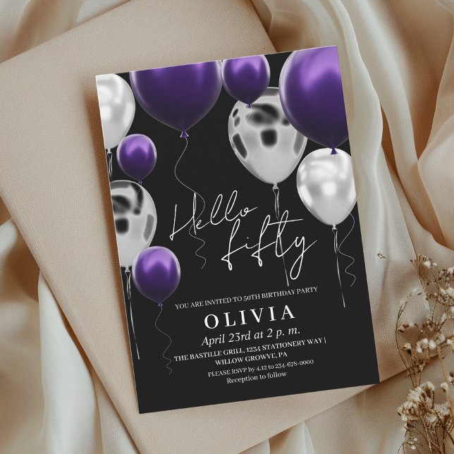 Modern 50th Birthday Black Silver Purple Balloons  Invitation (Creator Uploaded)