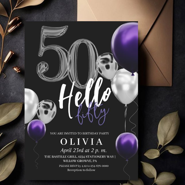 Modern 50th Birthday Black Silver Purple Balloons  Invitation (Creator Uploaded)