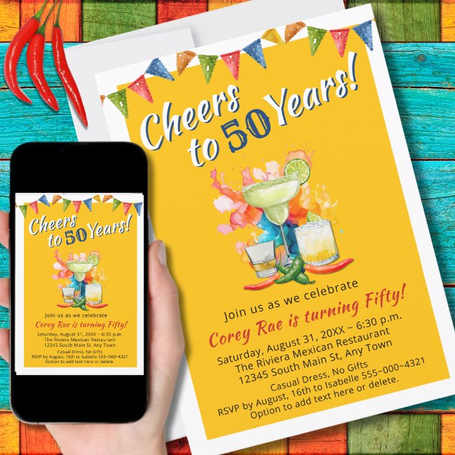 Modern 50th Birthday Cheers to 50 Years Fiesta Invitation (Creator Uploaded)