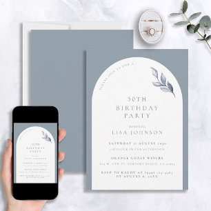 Modern 50th Birthday Dusty Blue Arch Botanical Invitation