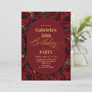  Modern 50th Birthday Elegant Burgundy Gold Floral Invitation