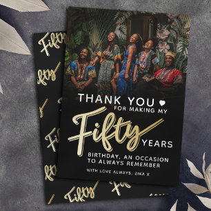 Modern 50th birthday gold black fifty script text thank you card