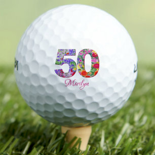 Modern 50th birthday golf balls floral number