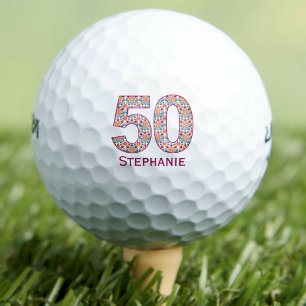 Modern 50th birthday golf balls pink initials