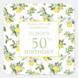 Modern 50th Birthday Lemon Citrus Botanical  Square Sticker