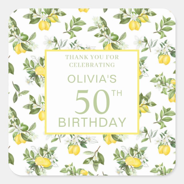 Modern 50th Birthday Lemon Citrus Botanical  Square Sticker (Front)