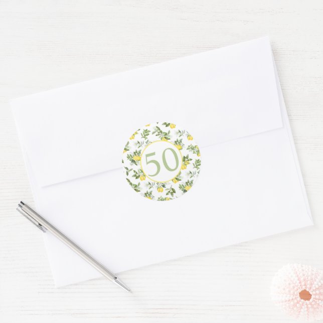 Modern 50th Birthday Lemon Citrus  Classic Round Sticker (Envelope)