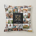 Modern 50th birthday multi photo script gift cushion<br><div class="desc">Modern minimal multi photo script 50th birthday pillow gift. Ideal gift available for mums,  dads,  grand,  grandad of any family member. Stunning elegant script text. Black,  white and gold design.</div>