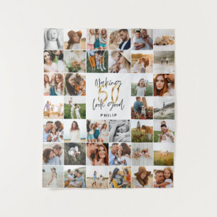 Modern 50th birthday multi photo script gift fleec tapestry