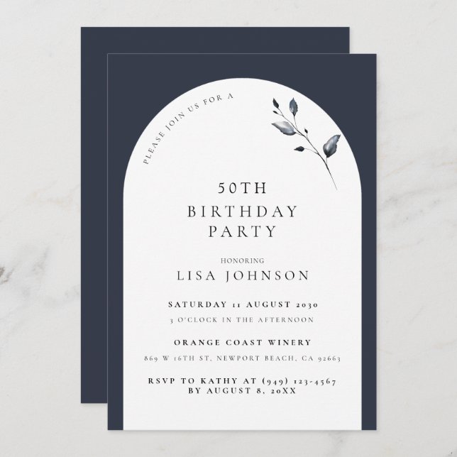 Modern 50th Birthday Navy Blue Arch Botanical Invitation (Front/Back)