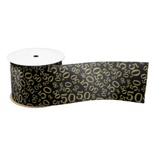 Modern 50th Birthday Number Pattern Black/Gold Satin Ribbon