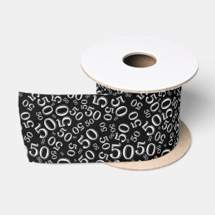 Modern 50th Birthday Number Pattern Black/White Satin Ribbon