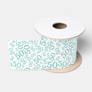 Modern 50th Birthday Number Pattern Teal/White Satin Ribbon
