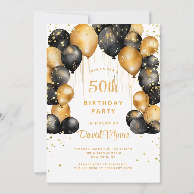 Modern 50th Birthday Party Black Gold Balloons Invitation (Front)