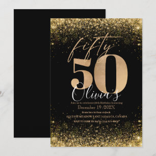 Modern 50th Birthday Party Black Gold Glitter Invitation