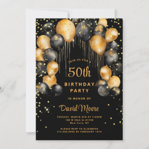 Modern 50th Birthday Party Black Gold Invitation