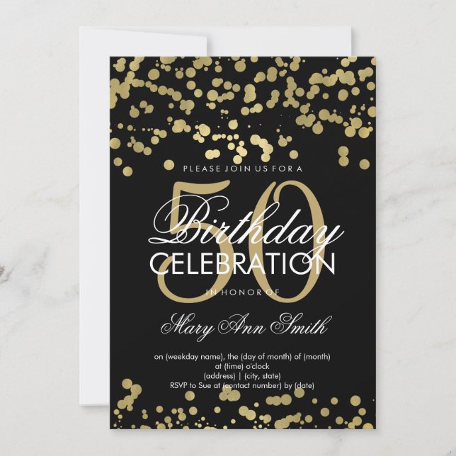 Modern 50th Birthday Party Gold Foil Confetti Invitation (Front)