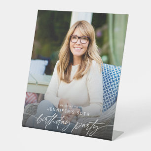 Modern 50th Birthday Party Photo Script Typography Pedestal Sign
