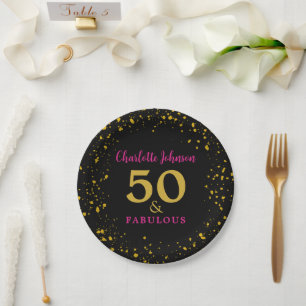 Modern 50th Birthday Party Pink Black Gold Paper Plate