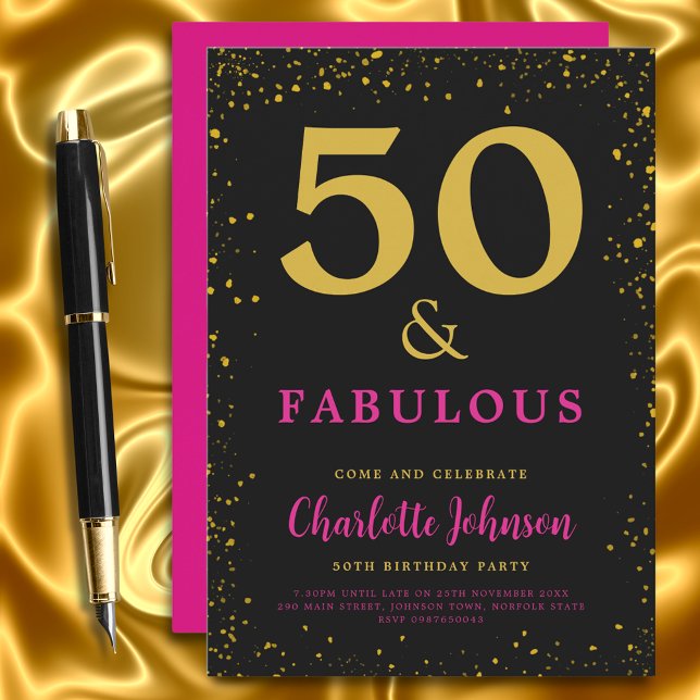 Modern 50th Birthday Party Pink Invitation (50 and fabulous stylish black pink and gold glitter 50th birthday party invitation )