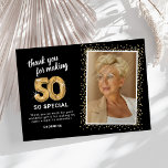 Modern 50th Birthday Photo Thank You Card<br><div class="desc">Elegant fiftieth birthday party thank you cards featuring a stylish black background that can be changed to any colour,  a photo of the birthday girl / boy,  gold sparkly glitter,  fifty gold hellium balloons,  and a modern thank you template that is easy to personalise.</div>