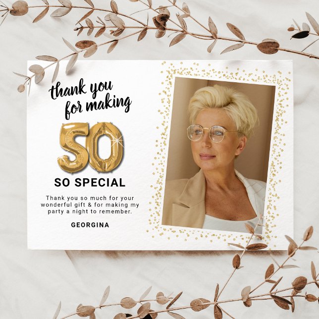 Modern 50th Birthday Photo Thank You Card (Creator Uploaded)