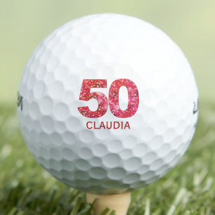 Modern 50th birthday red flowers initials 50 years golf balls